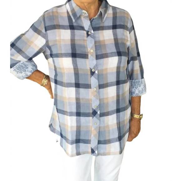 NEW TRIBAL reversible plaid top in surf blue - Picture 1 of 3
